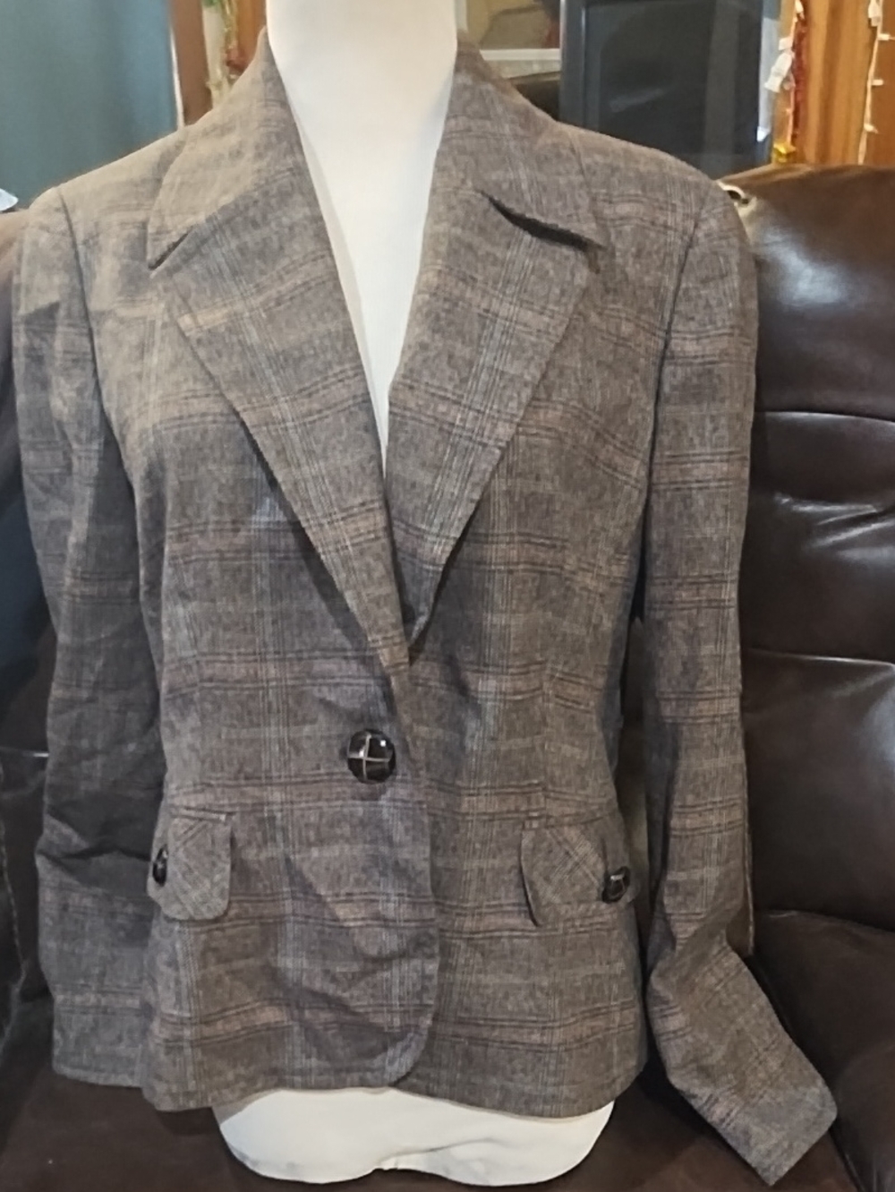 Womens Brown Plaid Single-Button Blazer